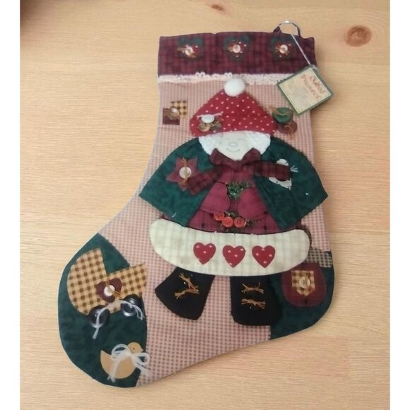 Quilted Treasures Folk Art Christmas Stocking Vtg Mrs Santa Baby Button Holiday - Picture 1 of 6